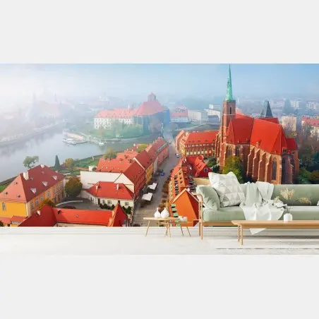 Wall mural misty european cityscape with red rooftops • Wallissimo®