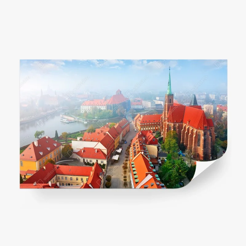Wall mural misty european cityscape with red rooftops
