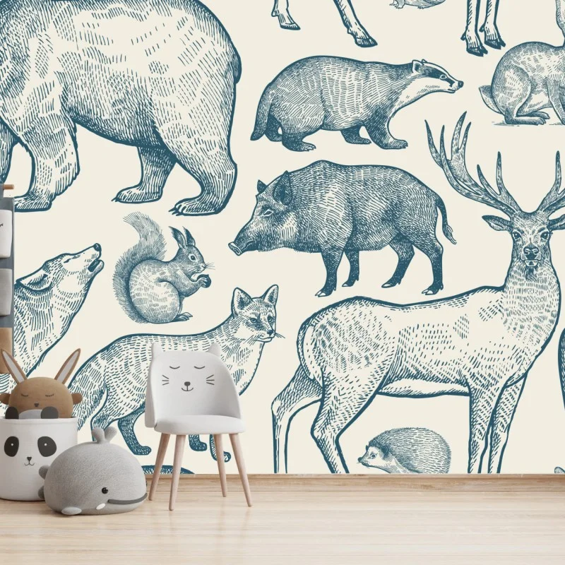 Wall mural vintage woodland animals pattern