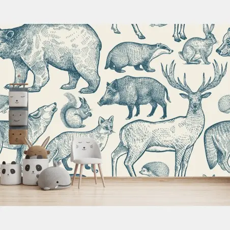 Wall mural vintage woodland animals pattern • Wallissimo®