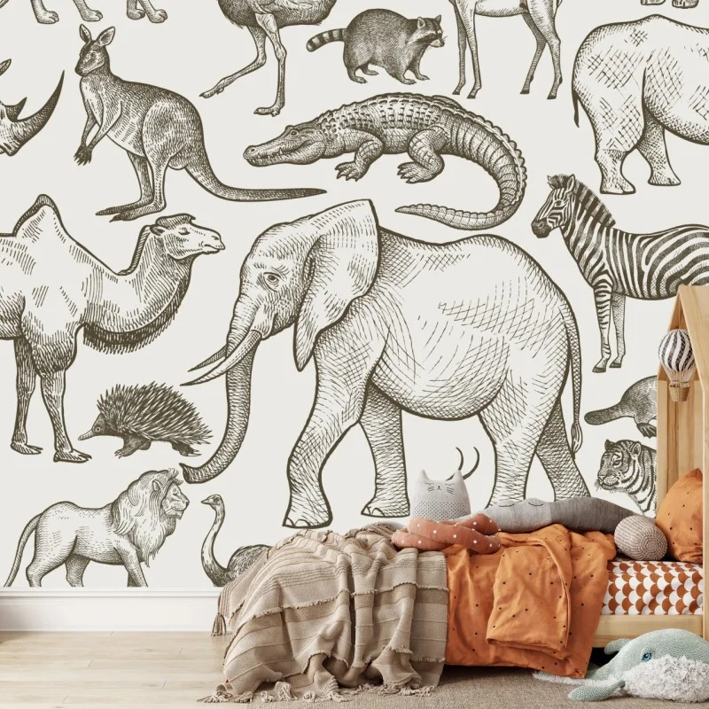 Wall mural vintage sepia wildlife pattern
