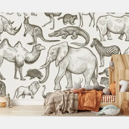 Wall mural vintage sepia wildlife pattern • Wallissimo®