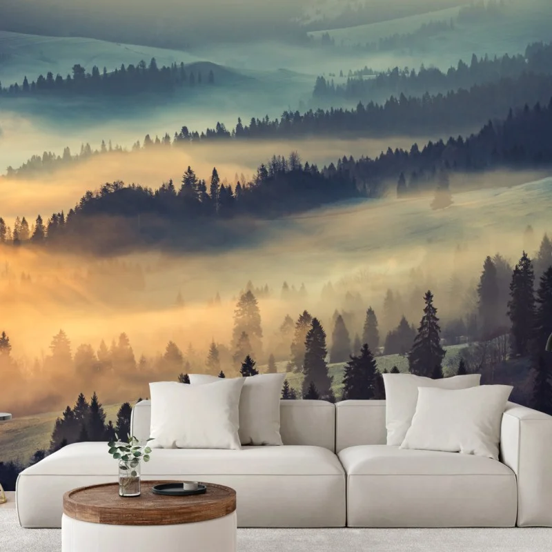 Wall mural misty mountain forest at sunrise