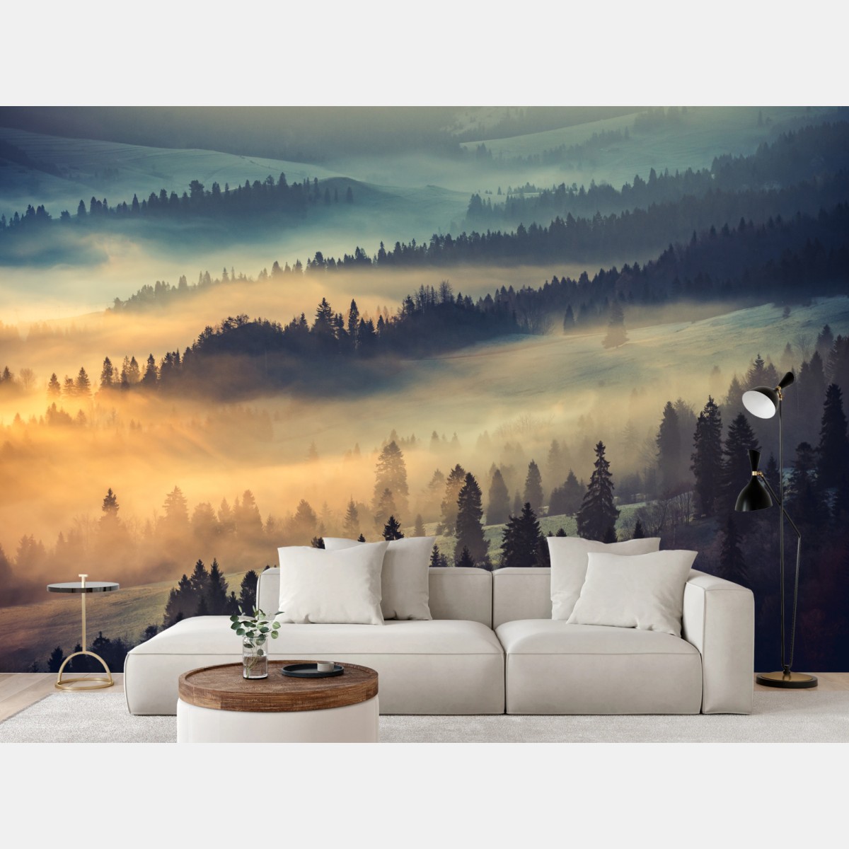 Wall mural misty mountain forest at sunrise • Wallissimo®