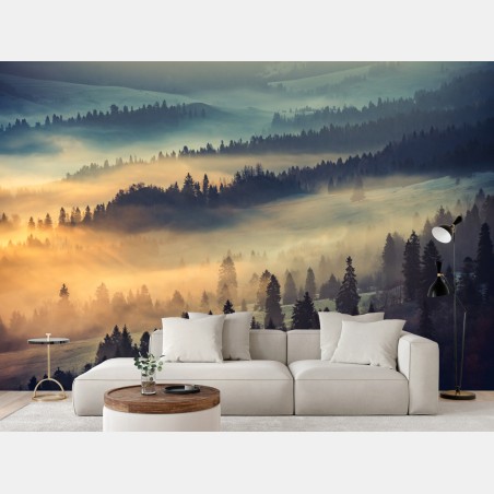 Wall mural misty mountain forest at sunrise • Wallissimo®