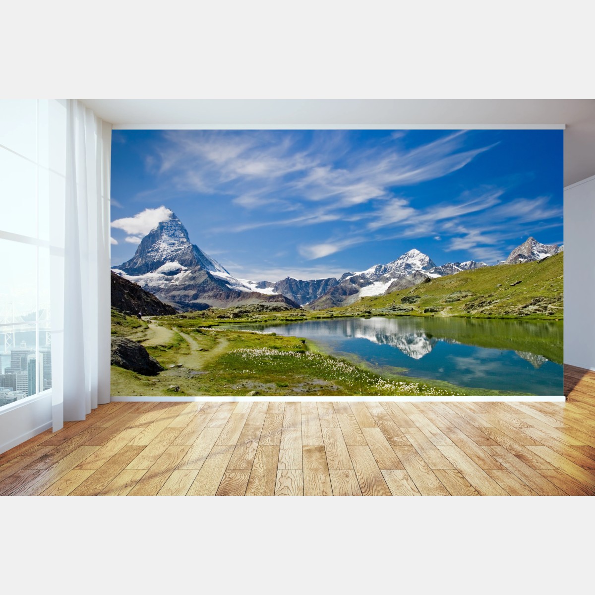 Wall mural majestic alpine lake with mountain reflection • Wallissimo®