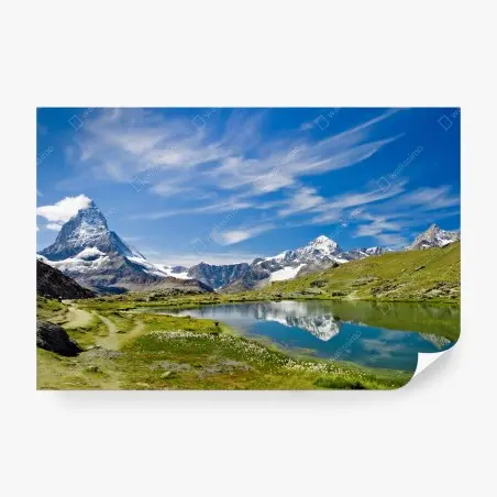 Wall mural majestic alpine lake with mountain reflection • Wallissimo®