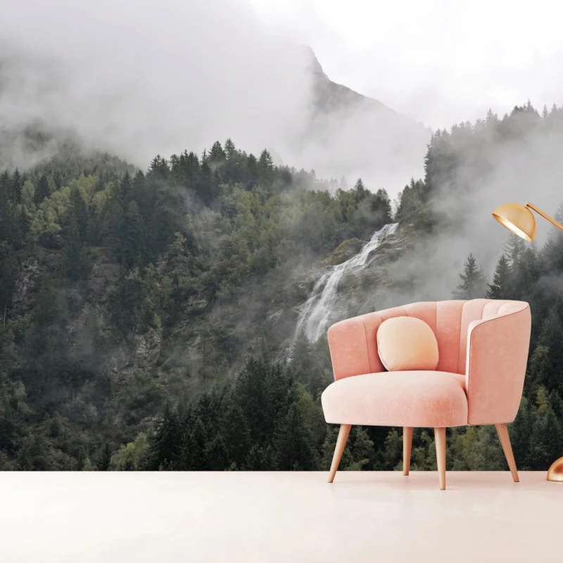 Wall mural misty mountain waterfall
