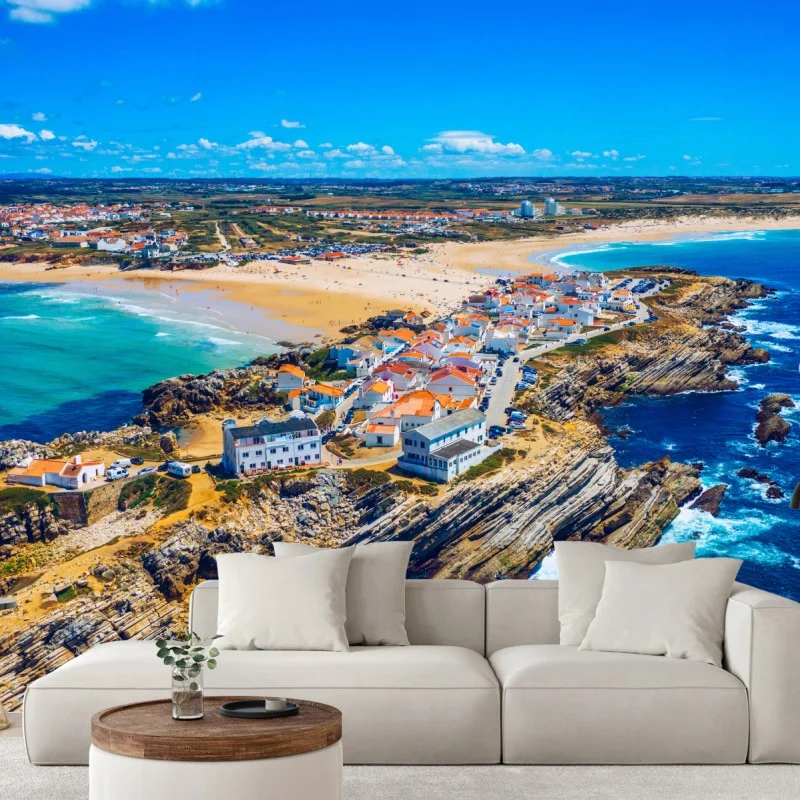 Wall mural Baleal island coastline, Portugal aerial panorama