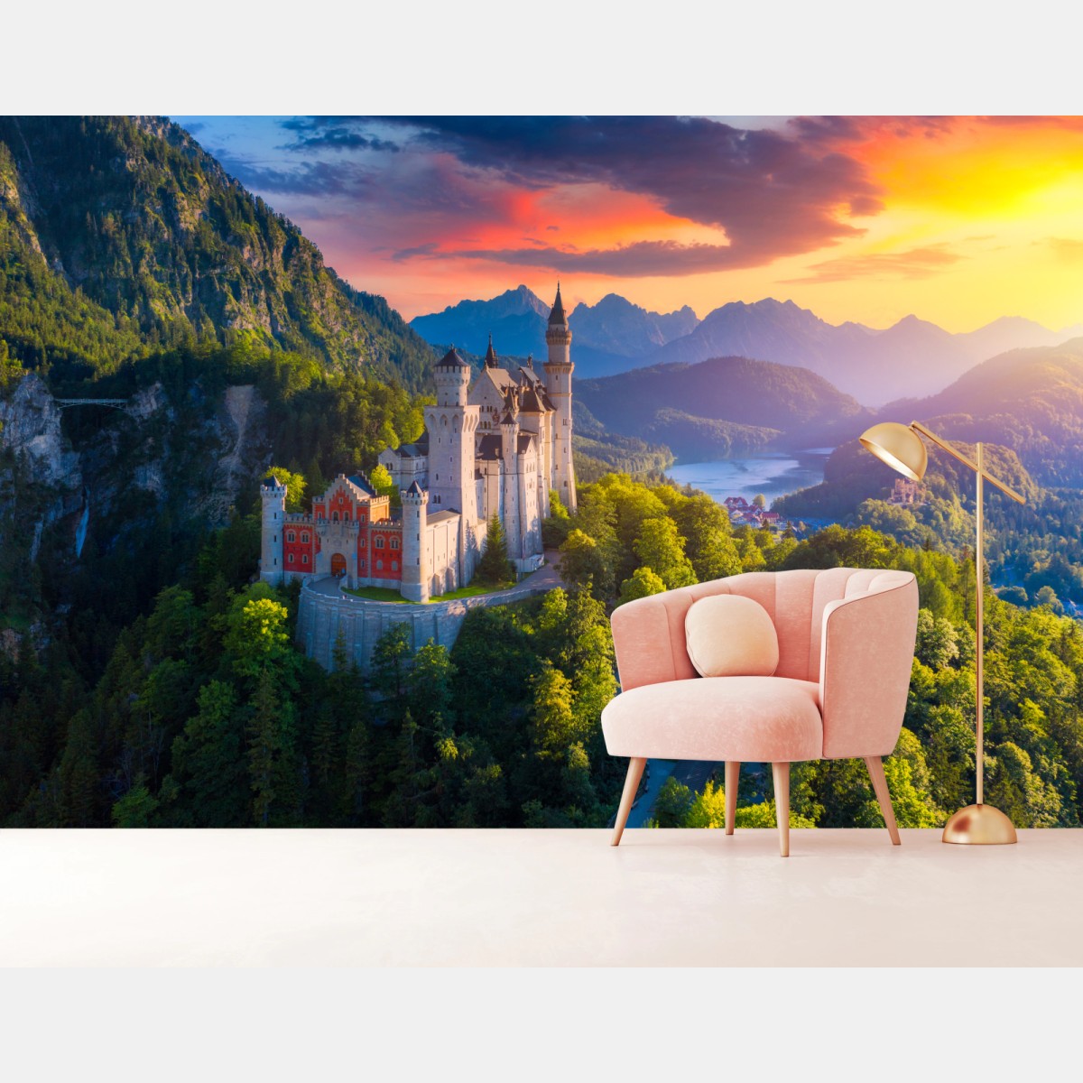 Wall mural Neuschwanstein castle at sunset • Wallissimo®