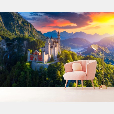 Wall mural Neuschwanstein castle at sunset • Wallissimo®
