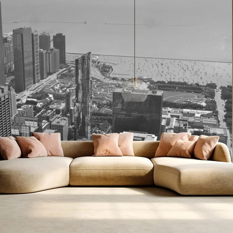 Wall mural black and white city skyline over lake