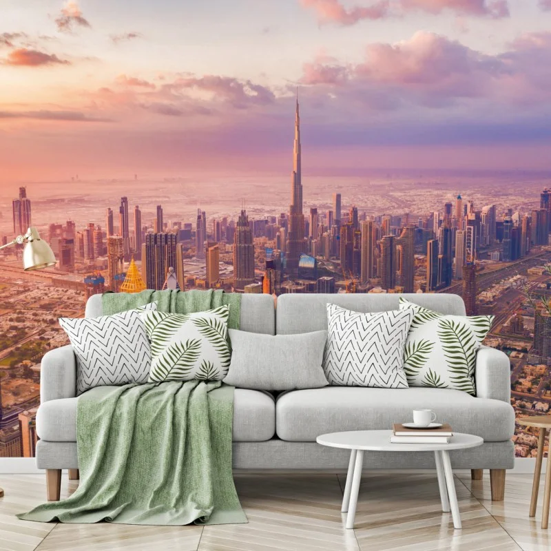 Wall mural sunset skyline over Dubai with Burj Khalifa