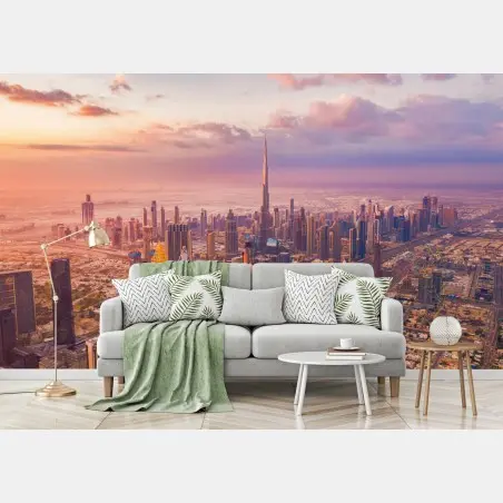 Wall mural sunset skyline over Dubai with Burj Khalifa • Wallissimo®