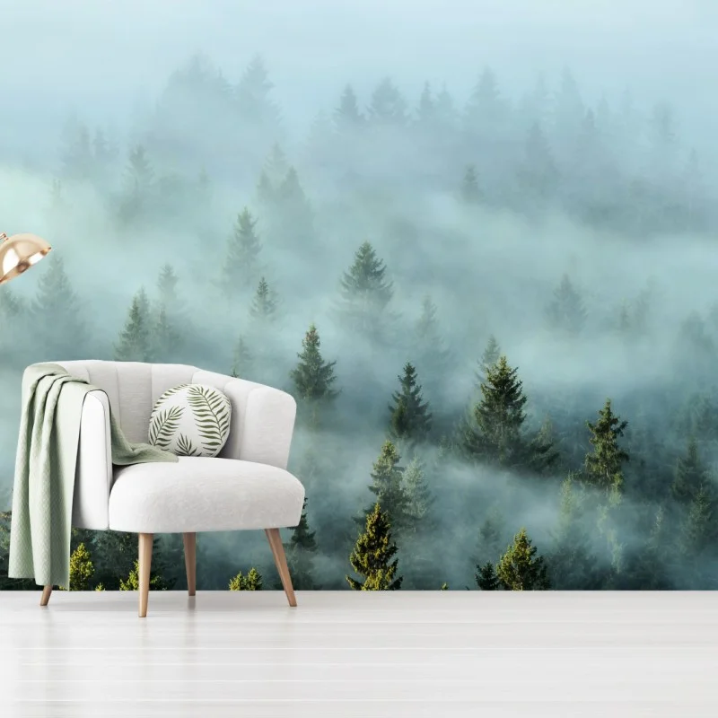 Wall mural misty fir forest in morning fog