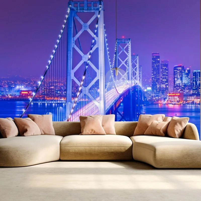 Wall mural illuminated suspension bridge and city skyline at night