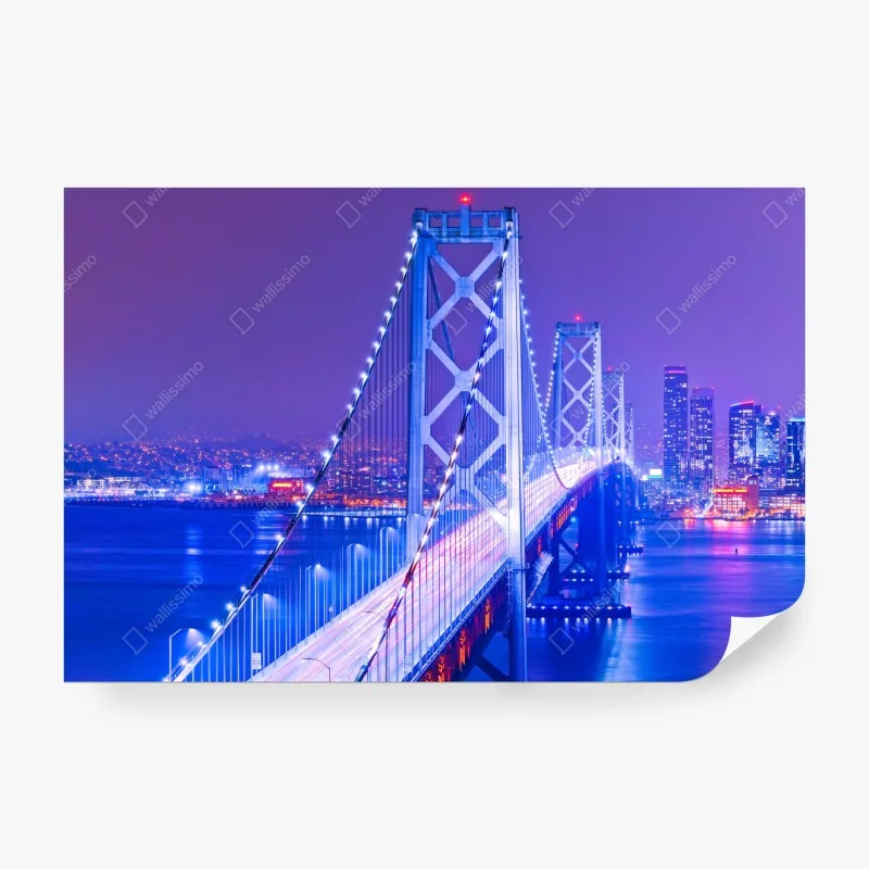 Wall mural illuminated suspension bridge and city skyline at night