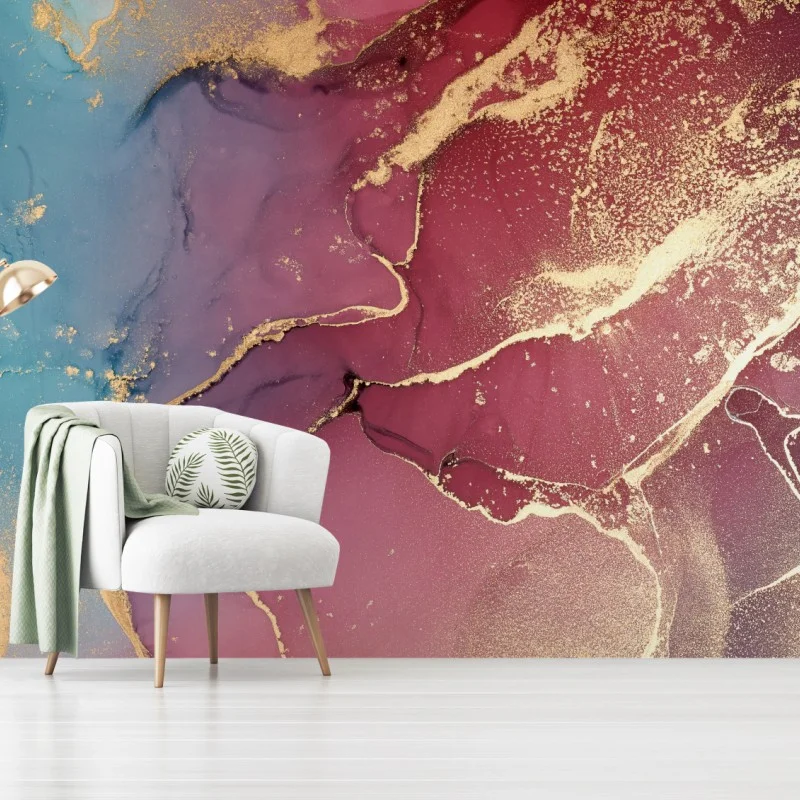 Wall mural abstract purple and turquoise marble art with gold veins