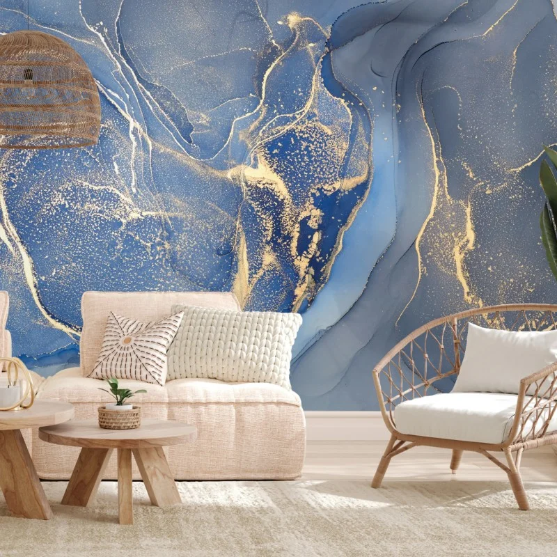 Wall mural ocean blue marble with gold veins