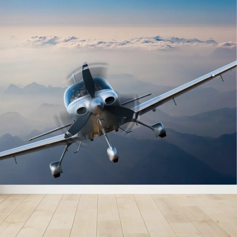 Wall mural silver propeller plane over misty mountains