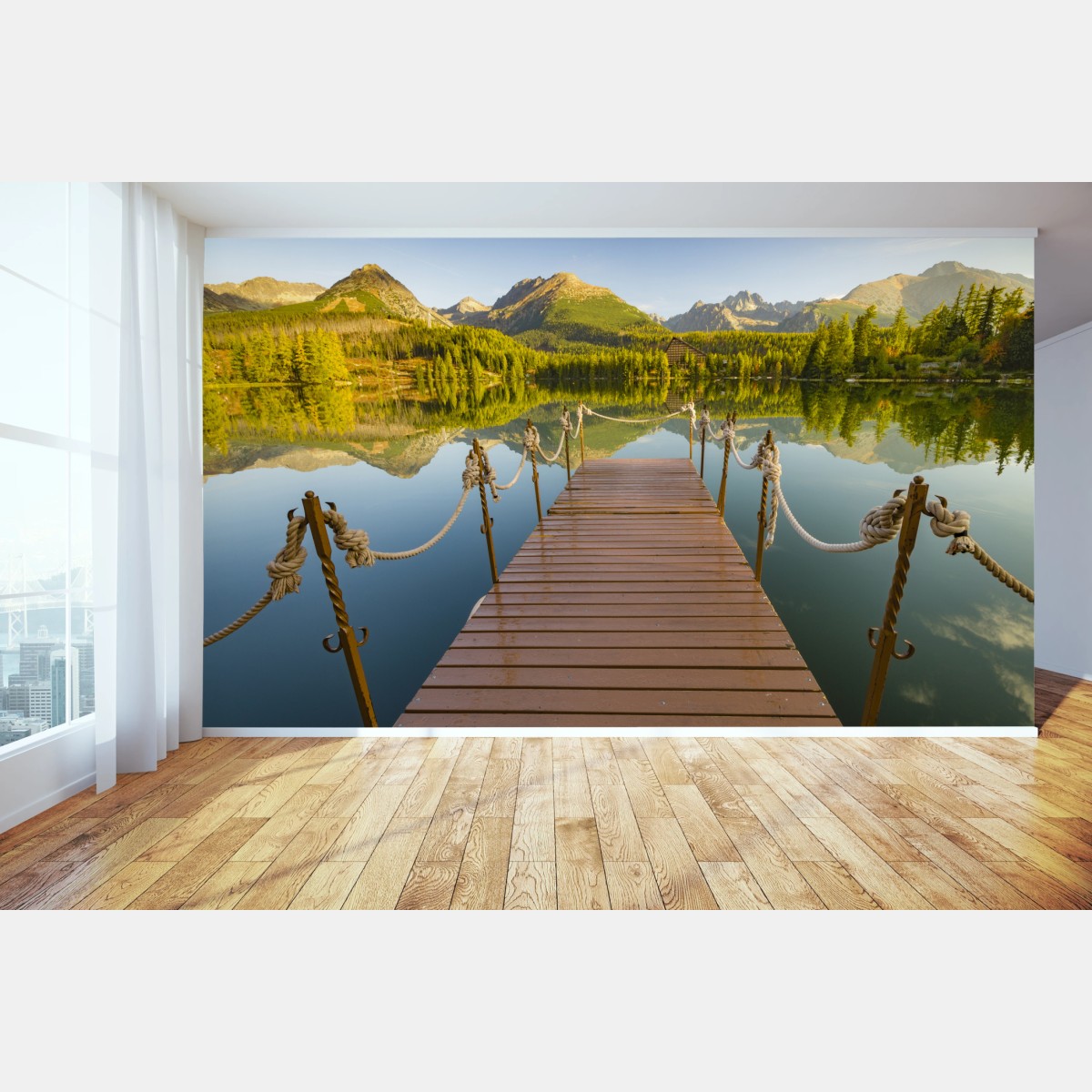 Wall mural mountain lake dock at Strbske Pleso • Wallissimo®