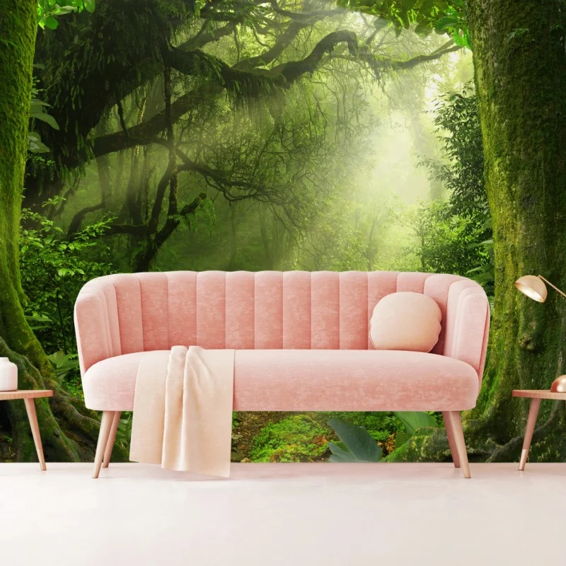 Wall mural sunlit mossy forest trail