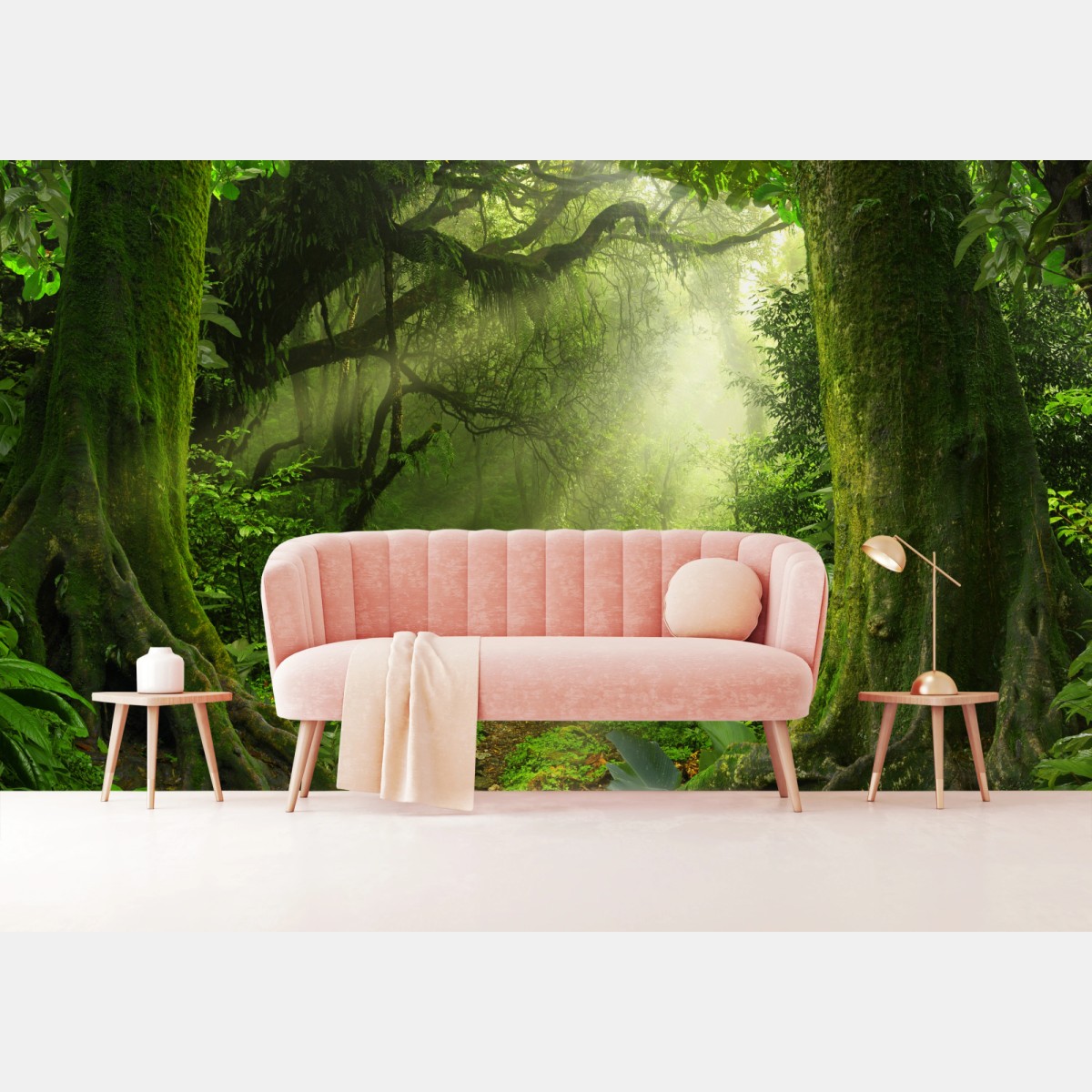 Wall mural sunlit mossy forest trail • Wallissimo®