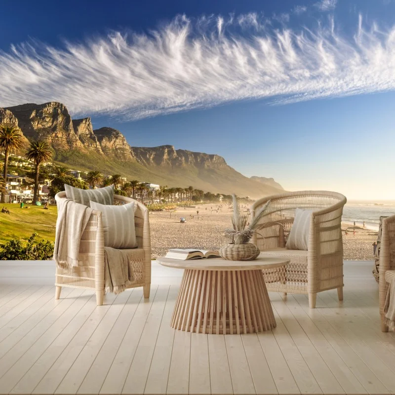 Wall mural sunlit beach with mountain backdrop • Wallissimo® Wall mural sunlit beach with mountain backdrop • Wallissimo®
