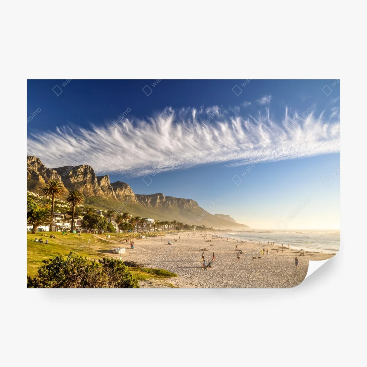 Wall mural sunlit beach with mountain backdrop • Wallissimo® Wall mural sunlit beach with mountain backdrop • Wallissimo®