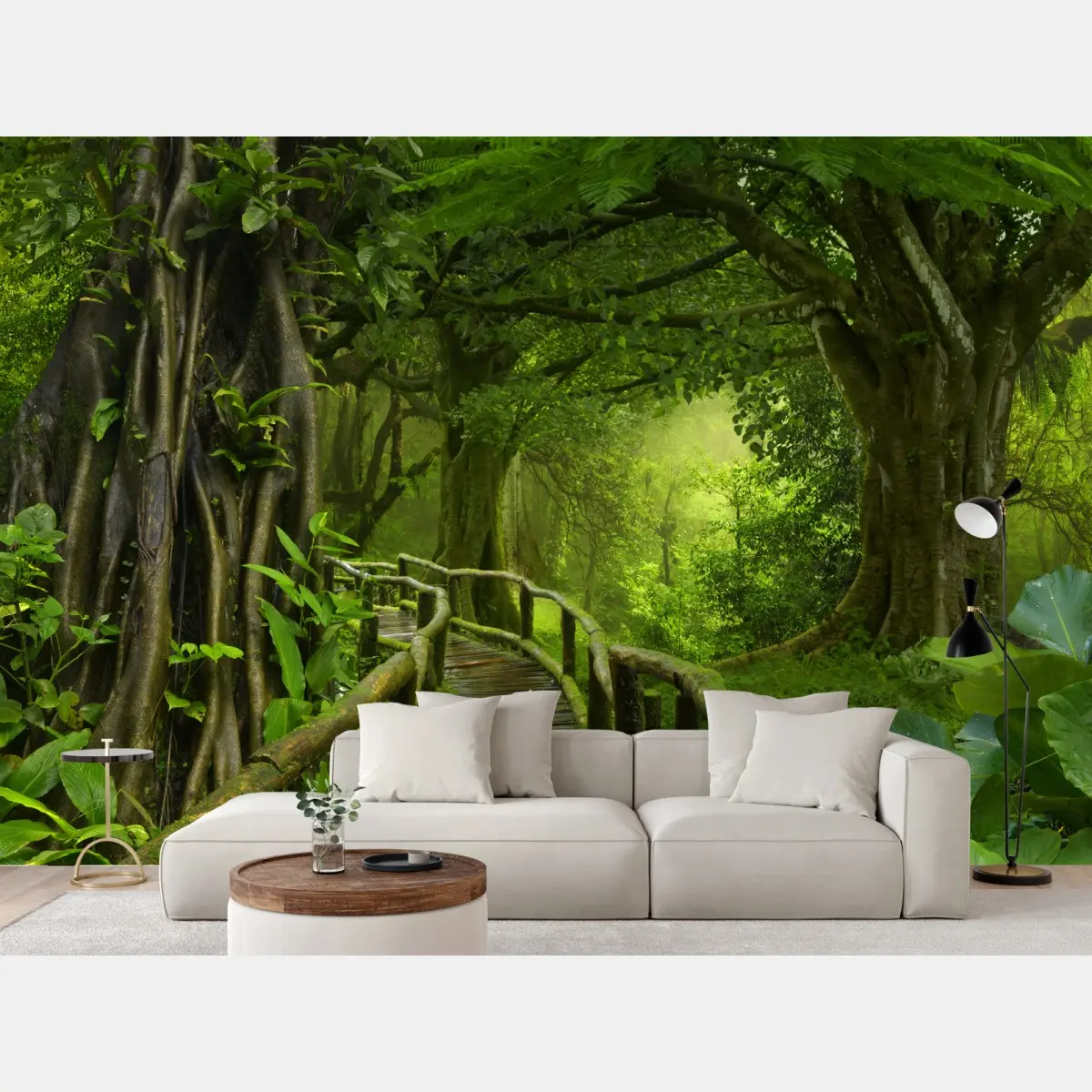 Wall mural misty tropical jungle boardwalk • Wallissimo®