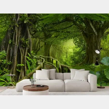 Wall mural misty tropical jungle boardwalk • Wallissimo®
