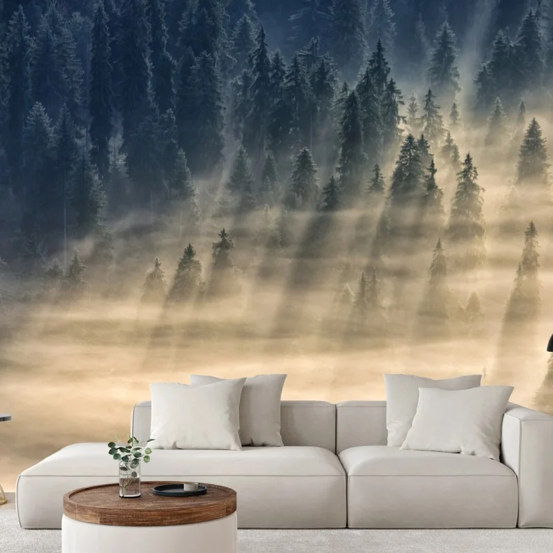 Wall mural misty spruce forest with sun rays