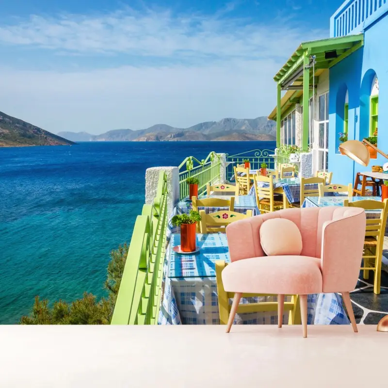 Wall mural sunny Mediterranean seaside terrace