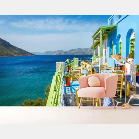Wall mural sunny Mediterranean seaside terrace • Wallissimo®