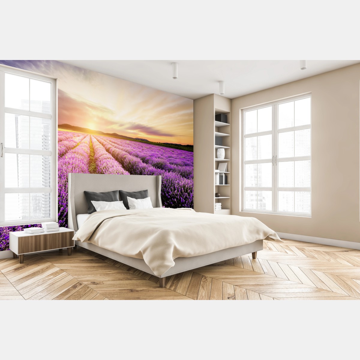 Wall mural sunrise over lavender fields, Bulgaria • Wallissimo®