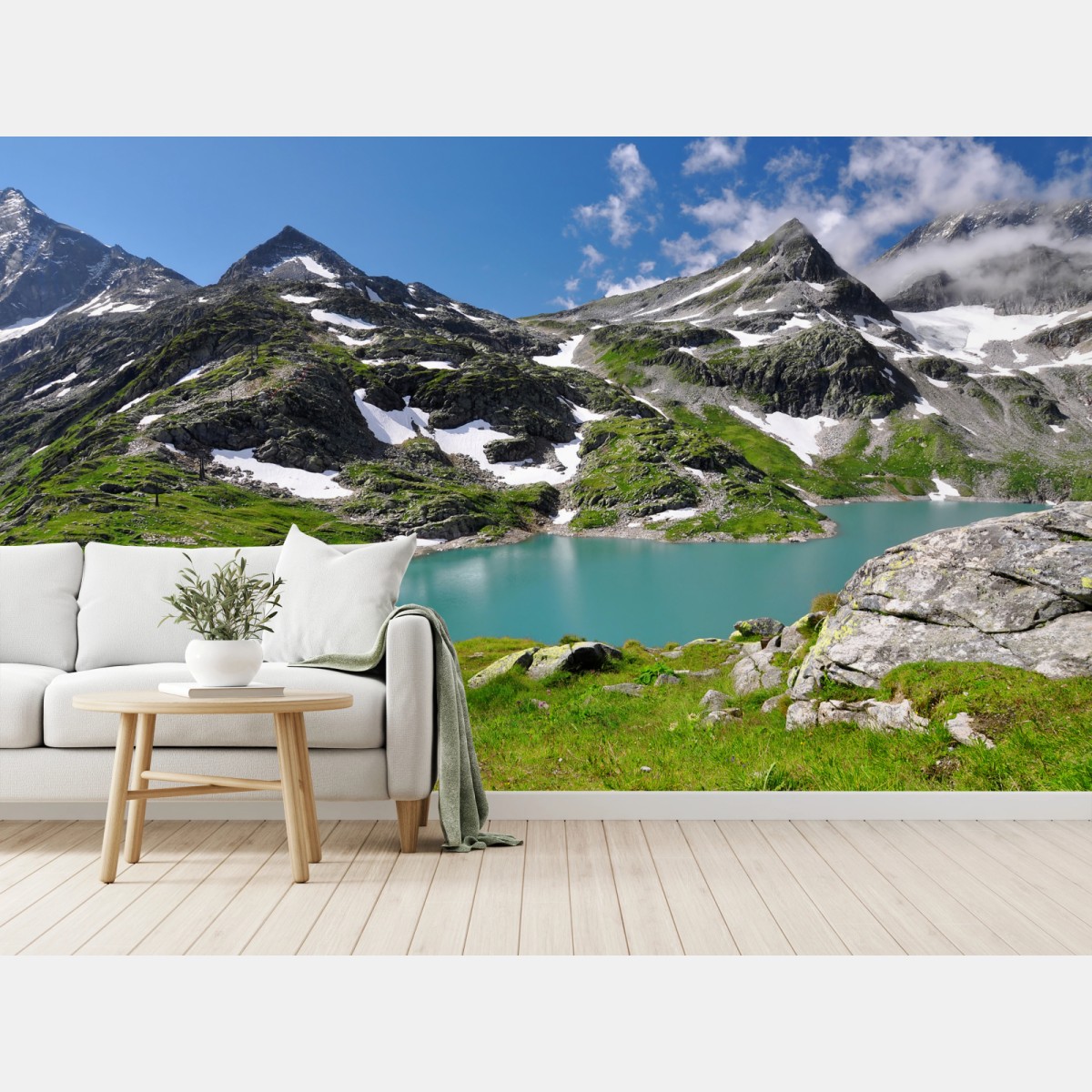 Wall mural alpine turquoise mountain lake panorama • Wallissimo®
