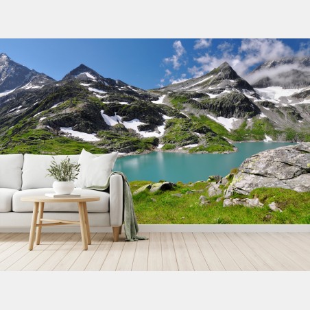 Wall mural alpine turquoise mountain lake panorama • Wallissimo®