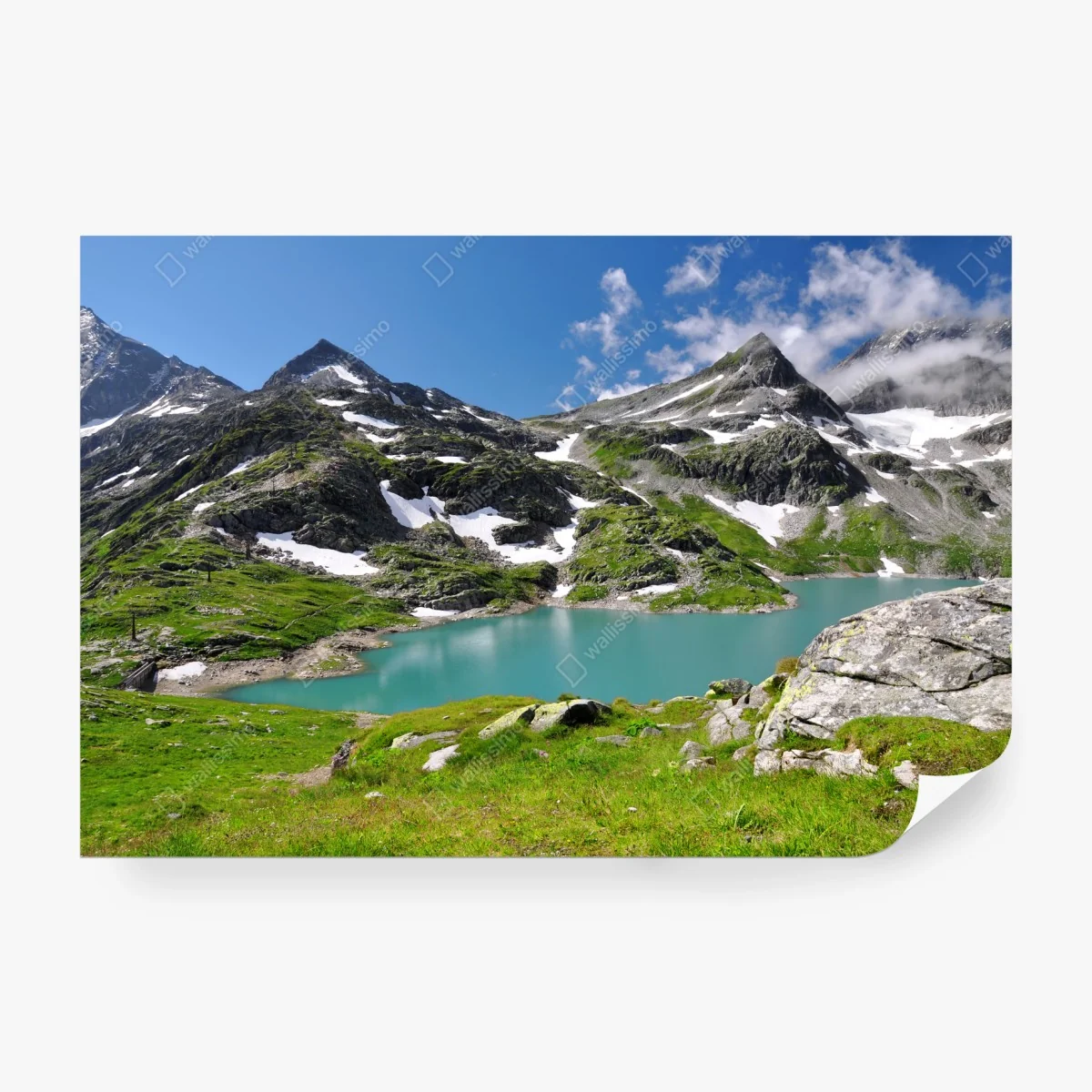 Wall mural alpine turquoise mountain lake panorama • Wallissimo® Wall mural alpine turquoise mountain lake panorama • Wallissimo®