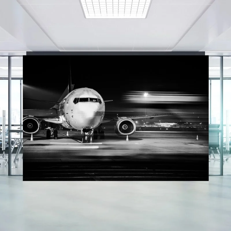 Wall mural monochrome jet on the tarmac at night