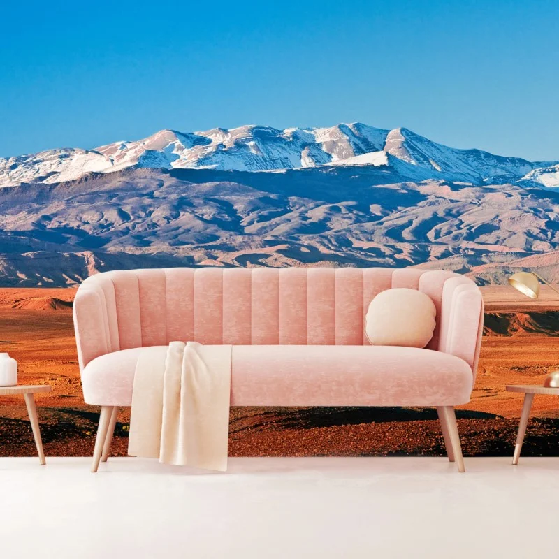 Wall mural sunlit desert with snow-capped mountains