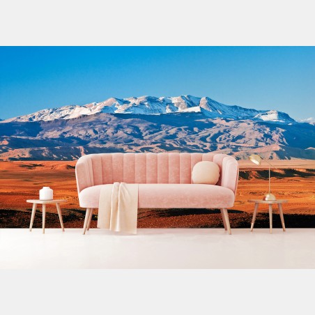 Wall mural sunlit desert with snow-capped mountains • Wallissimo®