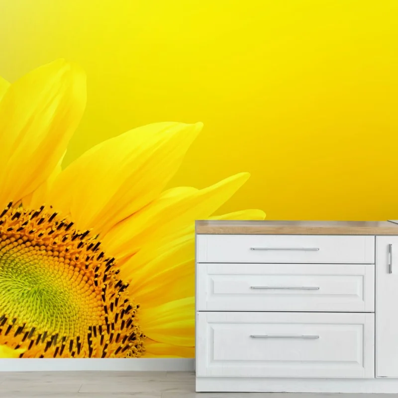 Wall mural vibrant sunflower close-up on yellow background