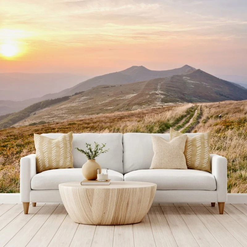 Wall mural golden mountain trail at sunset