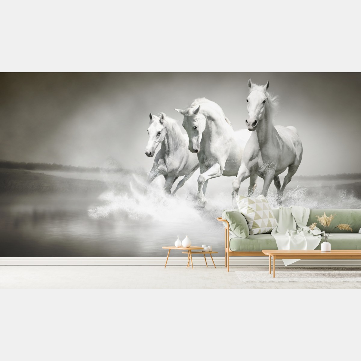 Wall mural three white horses running through water • Wallissimo®