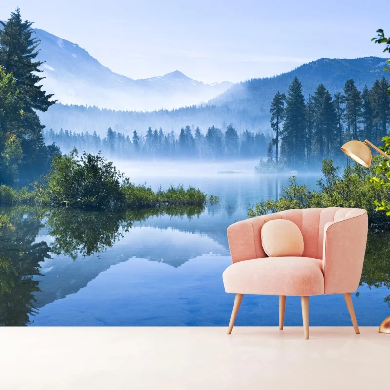 Wall mural misty mountain lake reflection