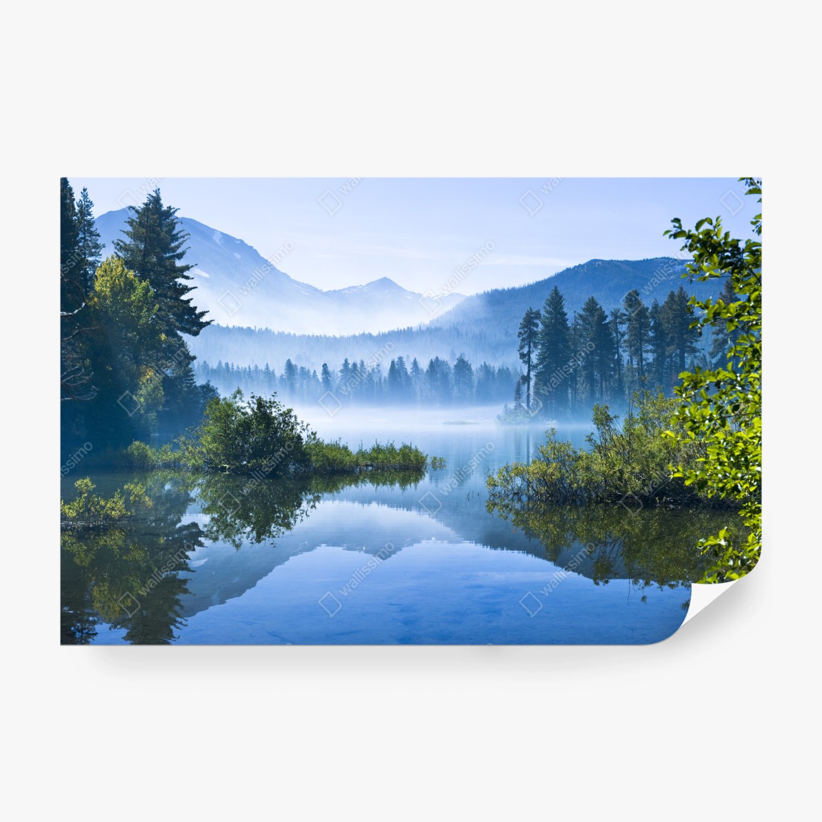 Wall mural misty mountain lake reflection • Wallissimo®