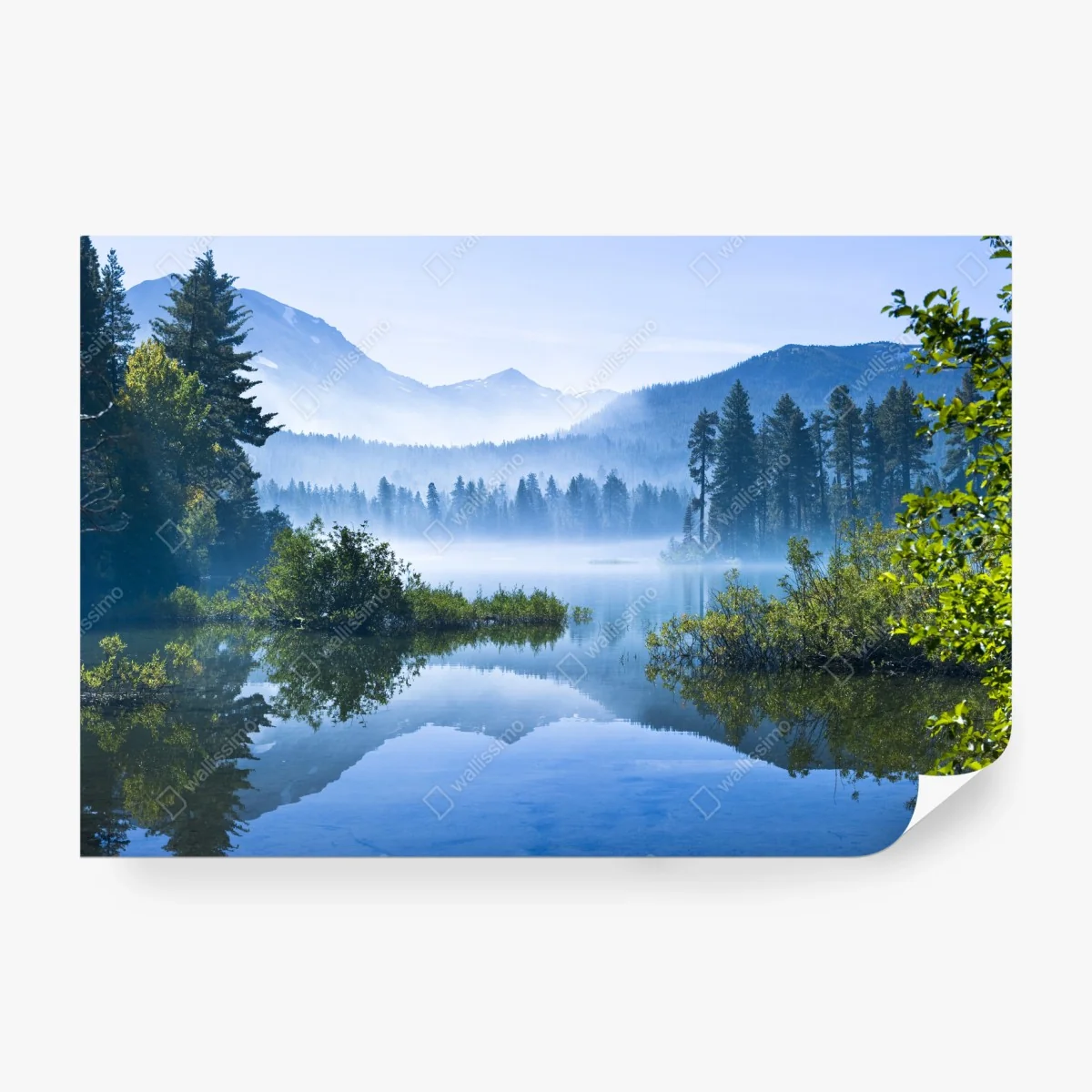 Wall mural misty mountain lake reflection • Wallissimo®