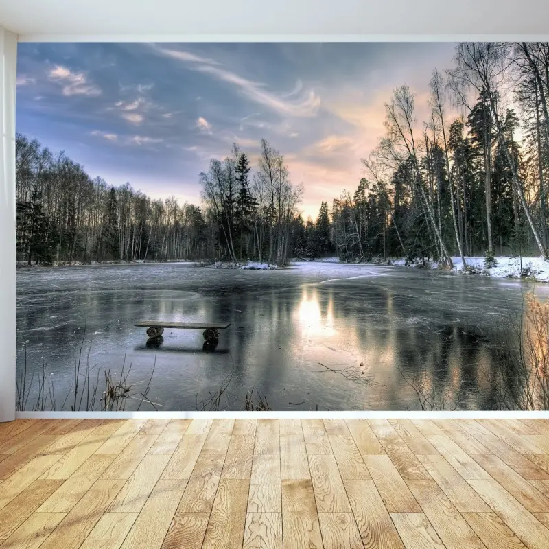 Wall mural frozen lake at dawn with forest reflection