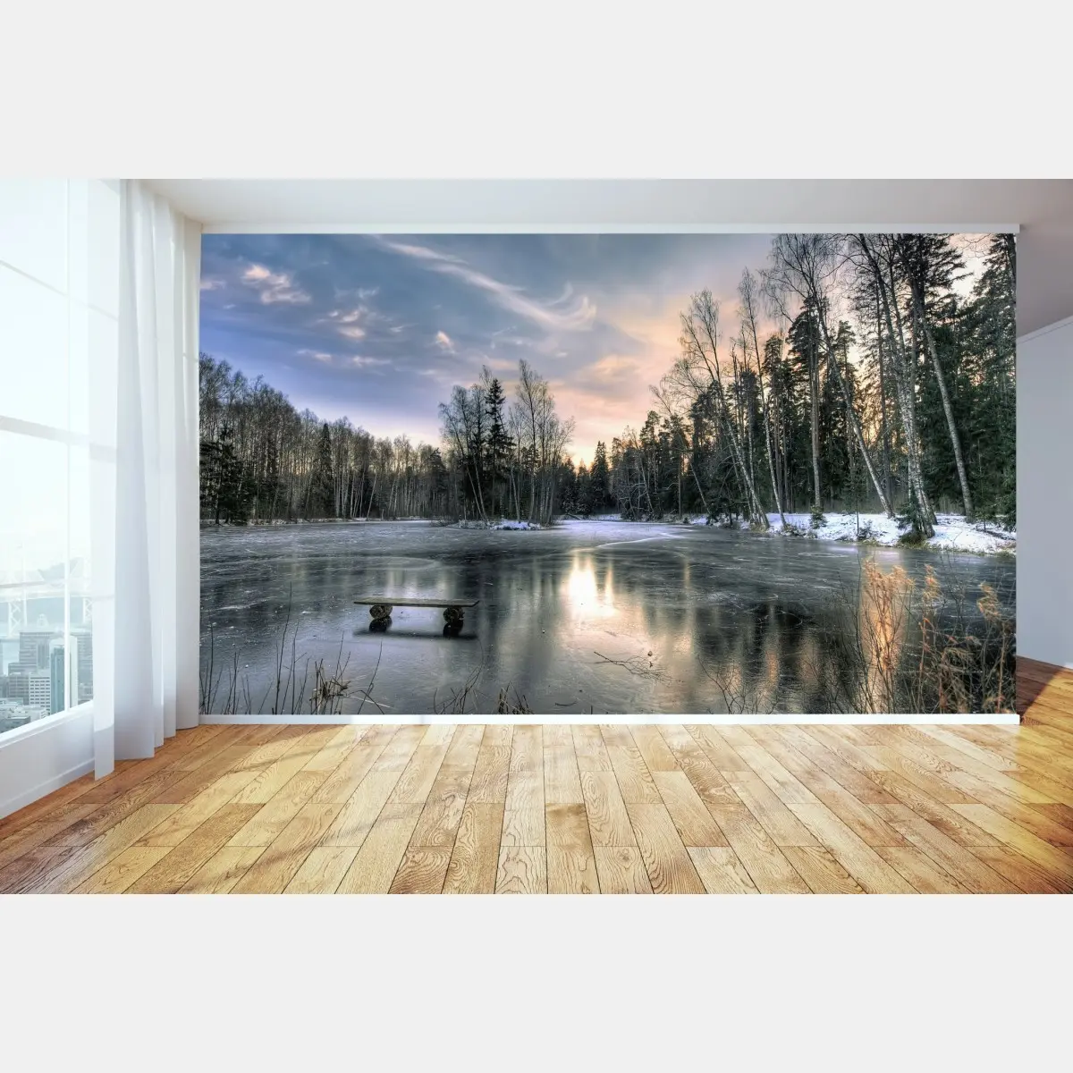 Wall mural frozen lake at dawn with forest reflection • Wallissimo®