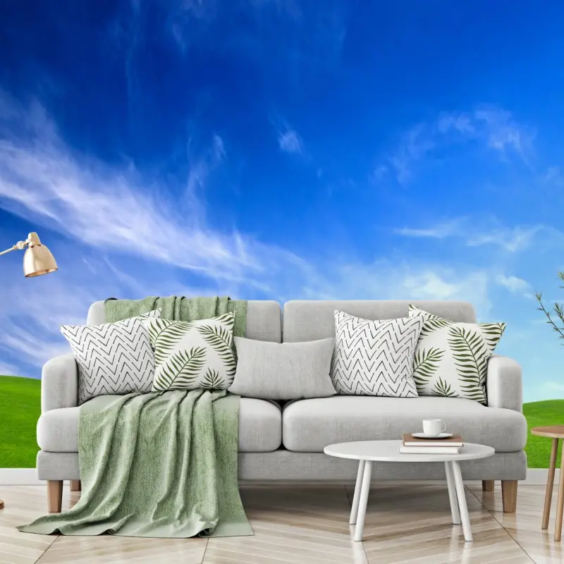 Wall mural sunlit green meadow under blue sky